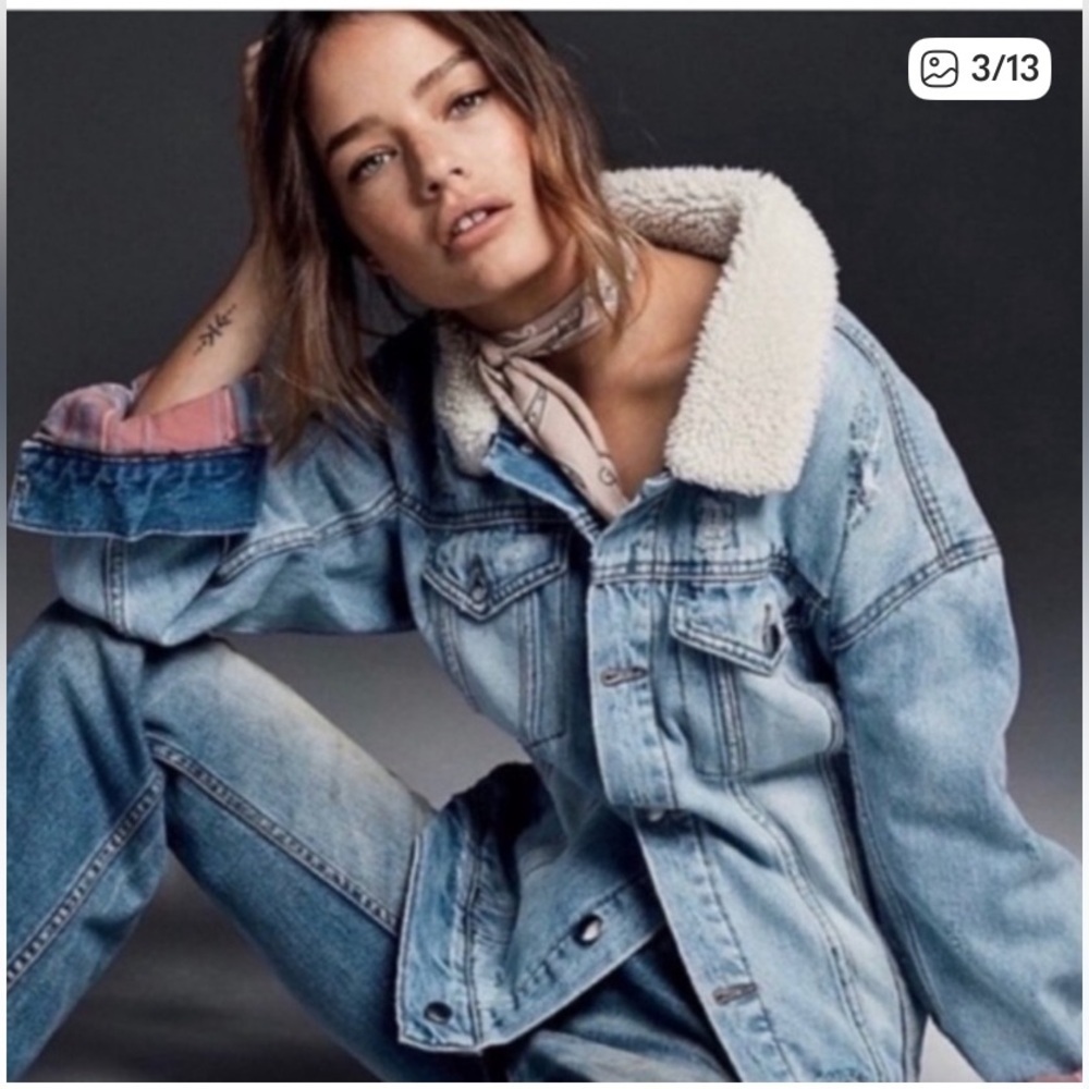 Free People Plaid Lined Denim Sherpa Collar Trucker Oversized Jacket Medium - Picture 4 of 9